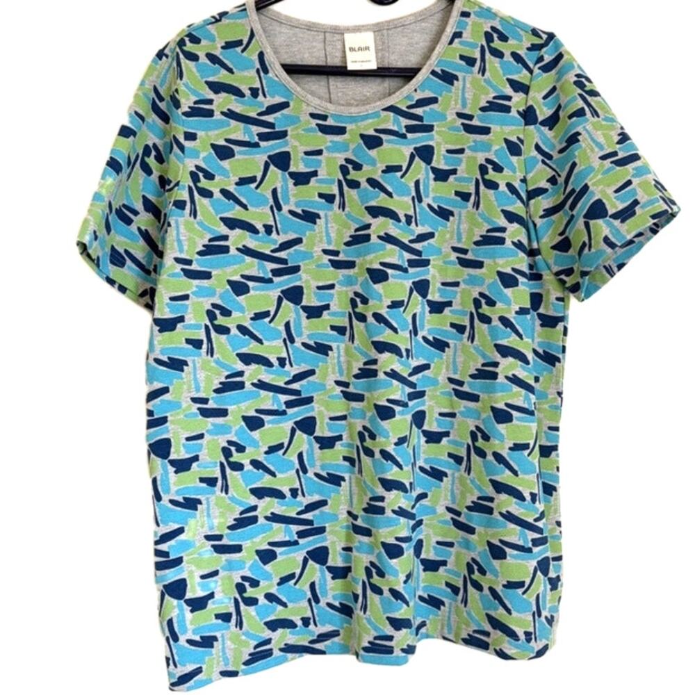 Blair Women's Abstract Geometric Print Short Sleeve Top Size L Green Navy